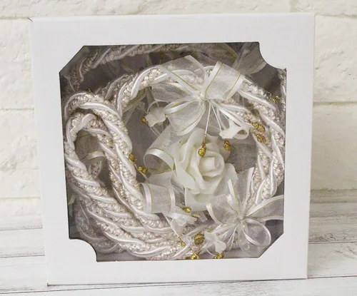 Vista 4 de Hermoso oro marfil blanco entrelazado plata adorno acento cuerda Migajon Lazo boda lazo tradicional Lazos De Boda Tradicional nupcial caja de regalo