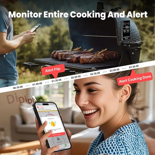 Vista 5 de BBQOVN - Termómetro inalámbrico inteligente WiFi para carne, sub-1G de largo alcance de 1000 pies, 7 sensores certificados NIST en 1 sonda fina
