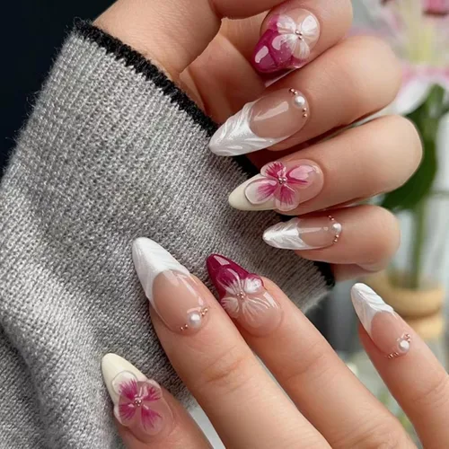Vista 32 de NBNTGH Uñas postizas a presión de punta francesa blanca, uñas postizas de línea dorada, uñas postizas medianas con diseño de almendra, uñas postizas