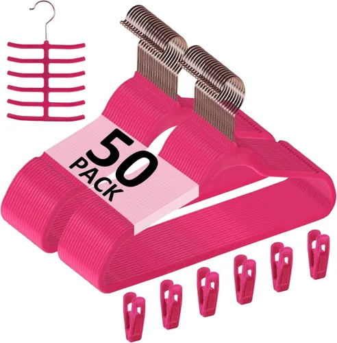Vista 10 de VECELO Perchas de Terciopelo Premium para Ropa de Servicio Pesado (Paquete de 25) - Antideslizantes y que Ahorran Espacio con 6 Clips para Dedos