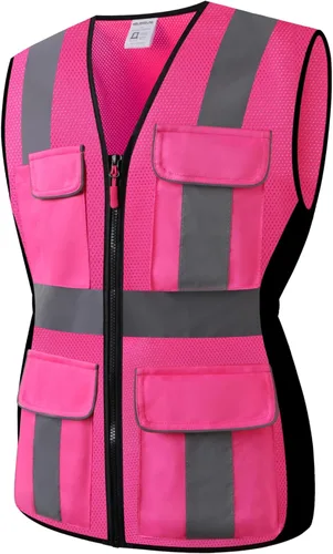Vista 10 de Chaleco de seguridad para mujeres, chaleco de trabajo reflectante de alta visibilidad con 9 bolsillos múltiples y cremallera Negro