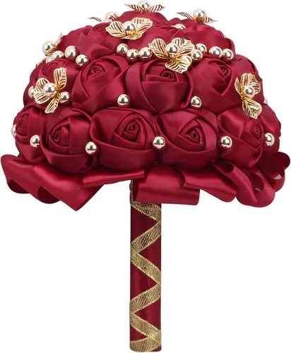 Vista 6 de Ramo de boda de 7 pulgadas, ramo de flores de satén para dama de honor, botón dorado, ramo de flores artificiales para bodas en interiores Negro