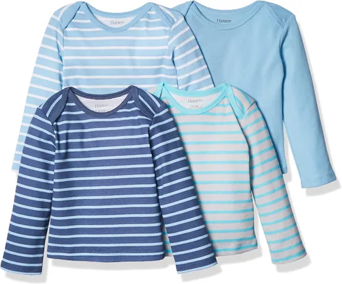 Vista 8 de Hanes Camiseta de manga larga para bebé, camiseta de punto Ultimate Flexy para niños y niñas, paquete de 4 Conjunto de Brwn Dk Verde Azul