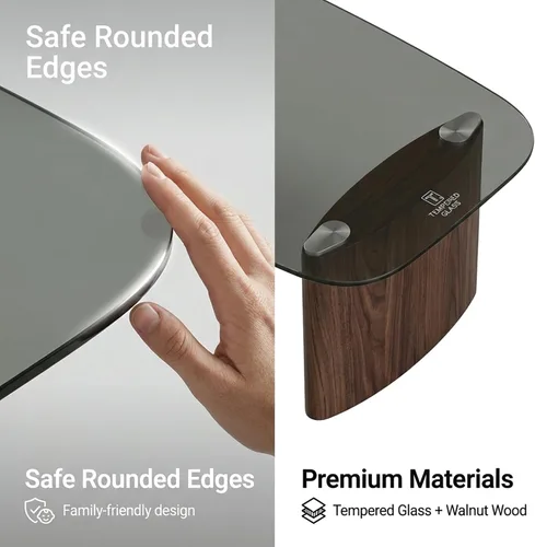 Vista 5 de Mesa de centro moderna de cristal, mesa de centro para sala de estar, tapa de vidrio templado con base de madera resistente, mesas de centro