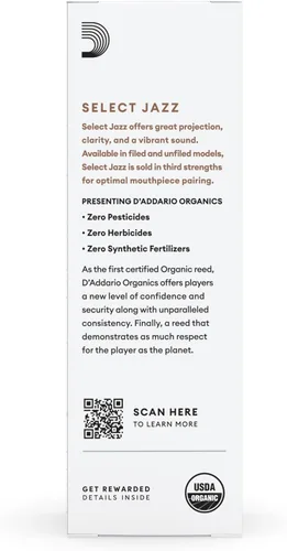 Vista 2 de D'Addario Organic Select Jazz Unfiled - Cañas de saxofón tenor sin archivar, selladas individualmente, 2 suaves, paquete de 5