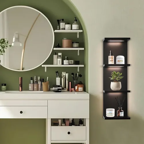 Vista 3 de VIWODS Estante de pared de 4 niveles con luces LED, estante flotante para decoración del hogar, estante vertical montado en la pared