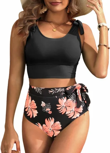 Vista 7 de Trajes de baño de dos piezas de cintura alta - Bikini con control de abdomen para mujer, traje de baño modesto 2 piezas 2025 Hot Red