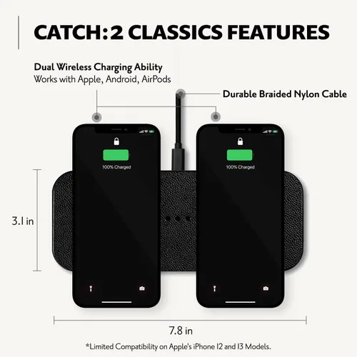 Vista 2 de Courant Catch:2 Classics - Almohadilla de carga inalámbrica dual de cuero italiano - Compatible con iPhone 11, X, SE, Galaxy S23, S22, S21, S20