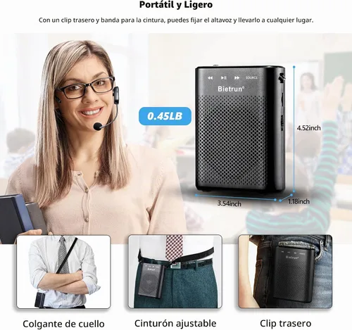 Vista 7 de Bietrun Amplificador de voz para profesores con Bluetooth, amplificador de voz inalámbrico recargable portátil con micrófono para auriculares