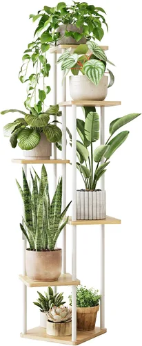 Vista 10 de GENTINGBRO Soporte alto para plantas de interior de 4 niveles para múltiples plantas, soporte de madera para plantas, estante de madera, estantería