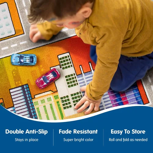Vista 3 de Booooom Jackson Alfombra de juego para niños, 2'8" x 5' Non-Slip Washable City Road Play Mat with Gift Box – Ideal Birthday Gift for Toddlers