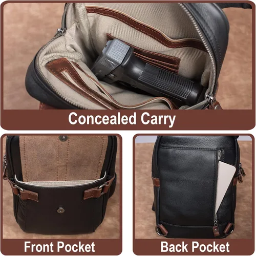 Vista 6 de CENUNCO Bolso bandolera de cuero auténtico, mochila cruzada de cuero oculto, bolsa de transporte negra, casual, senderismo, motocicleta, bolsa