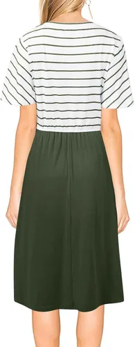 Vista 2 de MEROKEETY - Vestido largo hasta por debajo de la rodilla para el verano, con mangas de rayas y con volantes, con bolsillos en la cintura, con tira