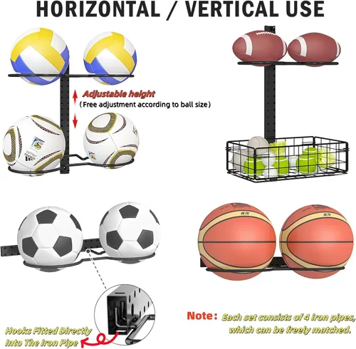 Vista 2 de Estante de baloncesto desmontable de 7/8 niveles montado en pared, soporte de fútbol americano vertical/horizontal, ganchos DIY soporte de fútbol