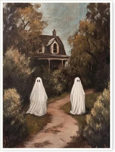 Vista 25 de Bonito arte de lectura de fantasmas, póster de pared de bosque de Halloween con hongos y plantas, impresión de lectura de fantasmas caprichosa