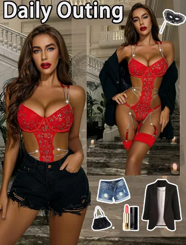 Vista 7 de Avidlove Conjunto de lencería para mujer con aro floral, liguero, lencería push up, conjunto de liguero de cadena