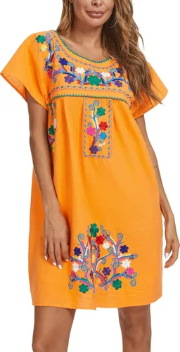 Vista 3 de YZXDORWJ - Vestido mexicano bordado de manga corta para mujer
