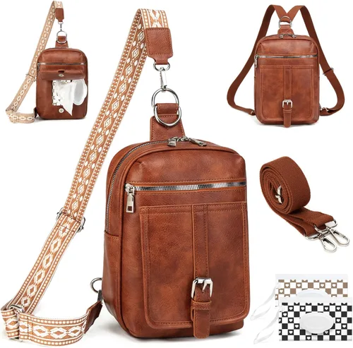 Vista 20 de Bolso Bandolera Mochila Cruzada - 2 en 1 Bolso Cruzado de Cuero Riñonera con 2 Correas Extraíbles Mini diaper bag, Instant Wipes pocket