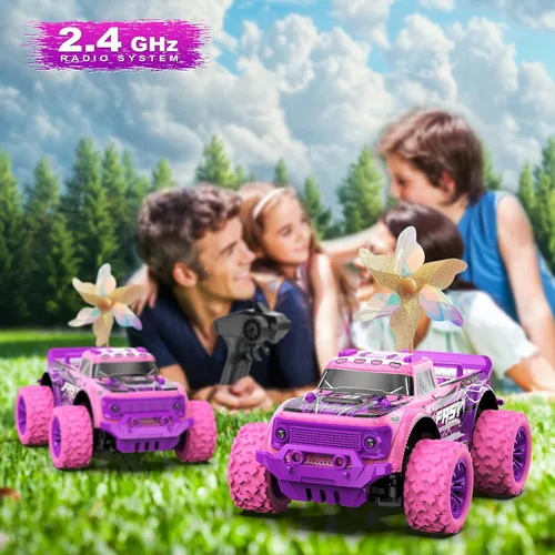 Vista 8 de Coche de Control Remoto para Niñas: Camión RC Rosa Púrpura a Escala 1:20 con Luz LED y Molinos de Viento DIY - Camiones RC Todo Terreno de 20 Km/h