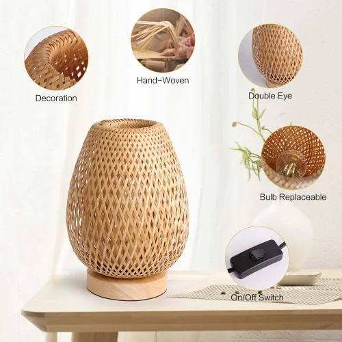 Vista 2 de Lámpara de mesa de tejido de bambú con base de madera natural hecha a mano, luz nocturna de noche para dormitorio, lámpara de escritorio retro, luz