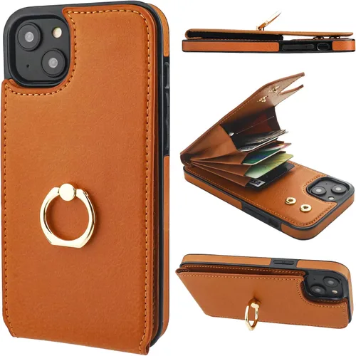 Vista 36 de Folosu Funda tipo billetera compatible con iPhone 14 con soporte para tarjetas, soporte de anillo para dedo con rotación de 360° y función atril