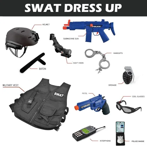 Vista 6 de Disfraz policial de SWAT de policía de lujo disfraz con casco monóculo de visión nocturna pistolas accesorios 12piezas negro