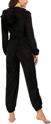 Vista 2 de chouyatou Pijama de Romper de Sherpa de Felpa Ultra Cómodo para Mujer con Capucha Linda de Orejas de Felpa Negro