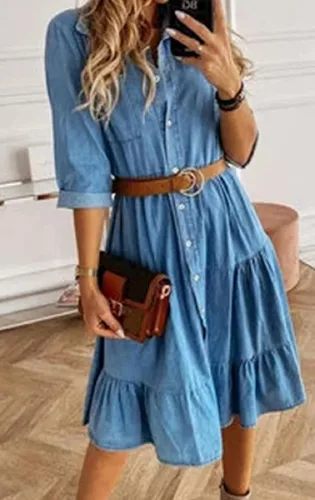 Vista 2 de CHARTOU Vestido largo con cuello de solapa retro para mujer plisado con volantes midi escalonado