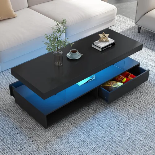 Vista 3 de JIJIWANG Mesa de centro moderna LED para sala de estar, mesa central de madera de alto brillo de 2 niveles con 2 cajones y estantes de exhibición