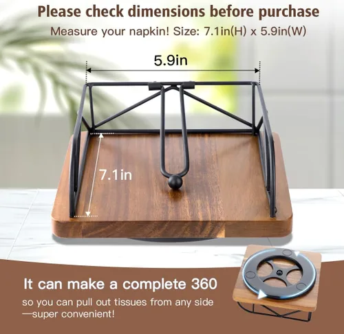 Vista 2 de Servilletero para mesa, madera de acacia y metal, giratorio de 360°, rústico, cuadrado, para servilletas de papel, decoración de mesa de comedor