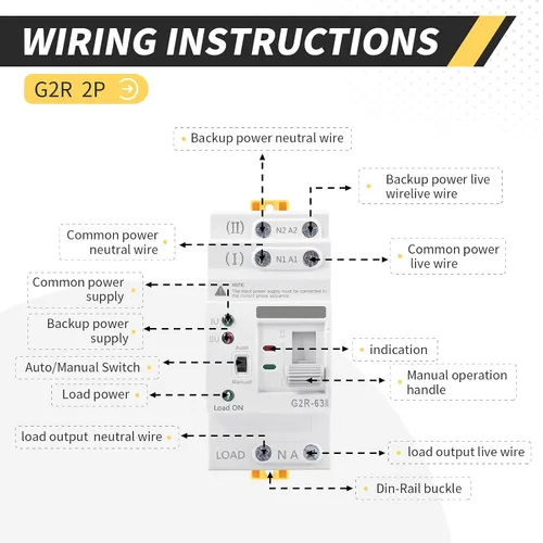 Vista 3 de Mini ATS AC Interruptor de transferencia automática/manual 2P 63A 110V, ATS de transferencia manual para fuente de alimentación ininterrumpida