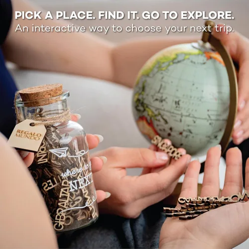 Vista 4 de Where to Go Next – Tarro de destino de viaje Regalo de viaje ecológico para viajeros, parejas y aventureros 100 lugares tallados de madera