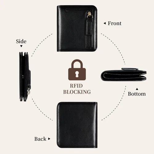 Vista 3 de Cartera pequeña para mujer, con bloqueo RFID, de cuero, plegable, compacta, tarjetero para mujer, con cremallera, bolsillo para monedas, ventana