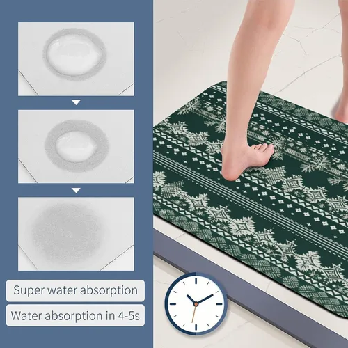 Vista 6 de Bath Mat Rug Rustic Green Fair Isle Holiday Print Thin Diatomaceous Earth Bath Mat Forest Green Knit Super Absorbent Ultra Thin Bathroom Rugs Fit