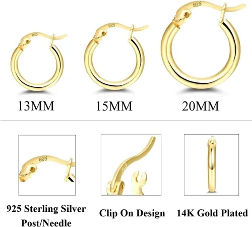 Vista 5 de 14K Gold Plated Hoop Earrings for Women, 4 Pairs Sterling Silver Post Small Hoops, Gold Huggie Earrings Set for Women Men (13mm 15mm 20mm 25mm)