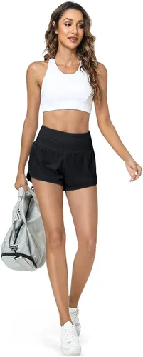 Vista 5 de GYM RAINBOW Pantalones cortos deportivos de cintura alta para mujer ligeros de secado rápido para entrenamiento gimnasio correr con bolsillos