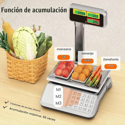 Vista 2 de S AFSTAR Báscula de cálculo de precios con pantalla de poste, báscula comercial de alimentos de 88 lb con plataforma de acero inoxidable, batería