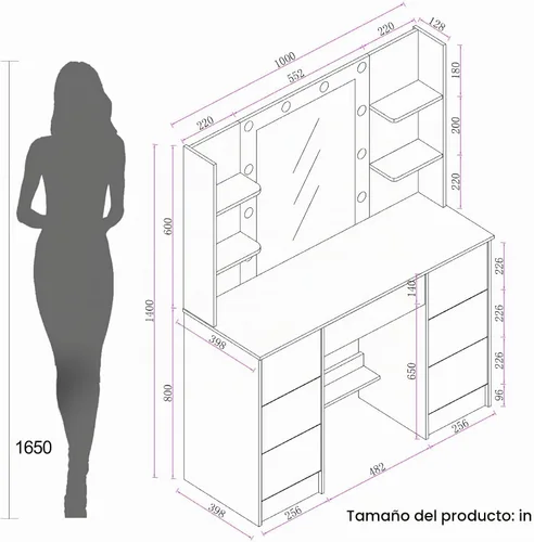 Vista 9 de Escritorio de tocador con espejo de bombillas, 3 modos de luz ajustables, mesa de tocador de maquillaje con 7 cajones y 6 estantes