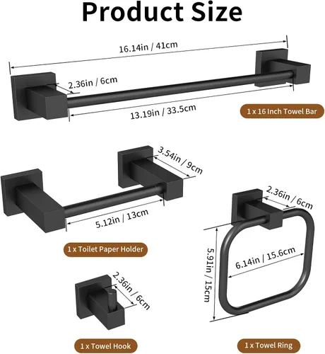 Vista 4 de Juego de 4 accesorios de baño negro mate, juego de toallas de baño de 16 pulgadas con soporte para papel higiénico, toalleros de acero inoxidable