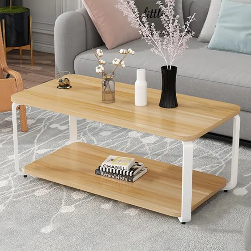 Vista 8 de YVYKFZD Mesa auxiliar de madera, mesa central de 2 niveles con patas de metal, mesa de té rectangular para sala de estar, mesa auxiliar de cóctel