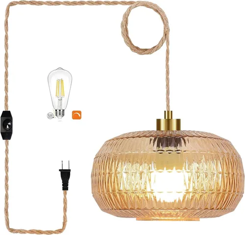 Vista 11 de Lámpara colgante de ratán para enchufar, con cable de enchufe, lámpara colgante de bambú regulable, tejida a mano estilo bohemio, pantalla