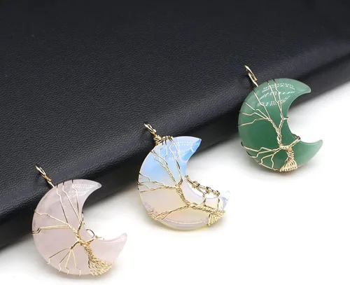 Vista 3 de 4 colgantes de piedra natural, forma de luna, chakra, cristal, ágata, alambre de piedra, tejer, diseño de árbol de la vida para hacer joyas