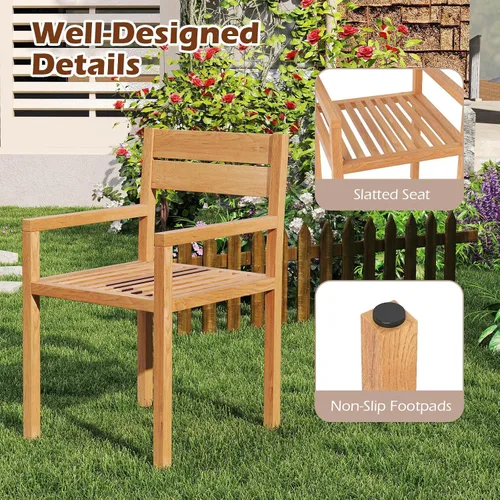 Vista 6 de Tangkula Silla de madera de teca para exteriores, sillón de comedor con asiento y respaldo de tablillas, muebles de asiento de madera maciza