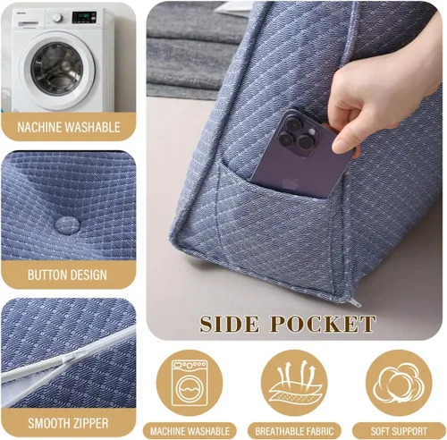 Vista 3 de Almohada de Cuña para Cabecero de Cama, Almohada de Cabecero Twin para Dormitorio para Sentarse, Leer, Relajarse, Almohada de Respaldo con Funda Azul