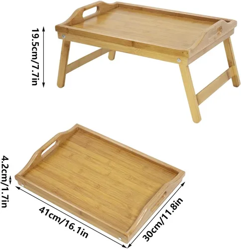 Vista 3 de KKTONER Bandeja de mesa de cama de bambú con patas plegables, bandeja de desayuno para cama con patas plegables para comer y portátil, bandejas