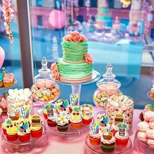 Vista 6 de Ercadio Paquete de 24 adornos para tartas de flamencos hawaianos con purpurina rosa, flamencos Luau, decoración hawaiana tropical de verano, Aloha