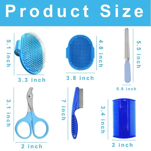 Vista 2 de Kit de aseo de 6 piezas con cepillo, removedor de pelo, cepillo de champú, peine de doble cara, cortaúñas y recortadora para conejos, hámsters