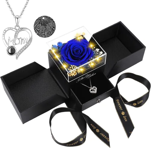 Vista 8 de Collar de rosas reales preservadas azules en caja con texto "I Love You" en 100 idiomas - Regalo único para mujeres, mamá, esposa, novia en el día