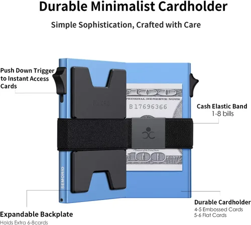 Vista 5 de SEMORID Cartera delgada de aluminio con tarjetero para hombre, Botón azul realB, Cartera Rfid minimalista para hombre
