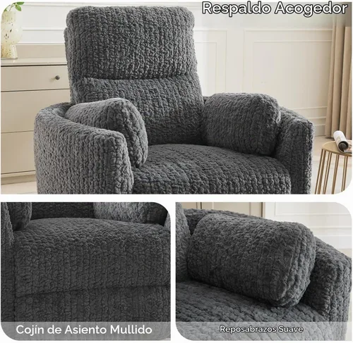Vista 7 de Silla reclinable mecedora giratoria eléctrica con 2 almohadas, sillas reclinables eléctricas con puerto de carga tipo C y USB para sala de estar Gris